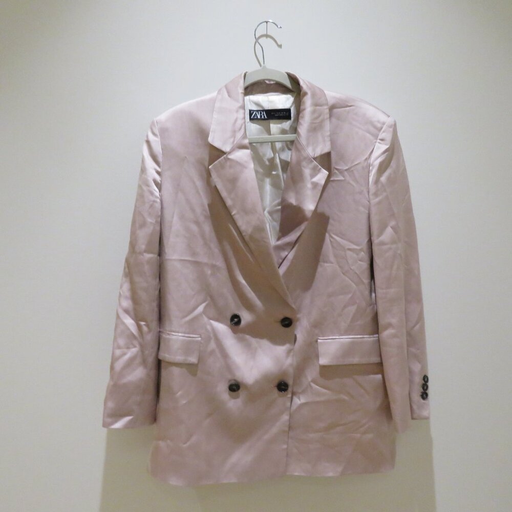 ZARA Long Buttoned Collared Satin Blazer in Blush Pink Pastel Preppy - Size S - Picture 2 of 14